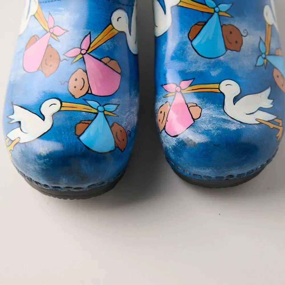 Sanita Hand Painted Stork Baby Clogs Sz 37 EU Nurse RN Midwife Shoes Denmark - Picture 5 of 15